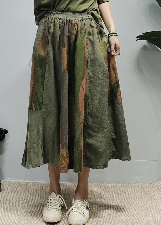 Green Elastic Waist Pockets Print Patchwork Linen Skirts Spring