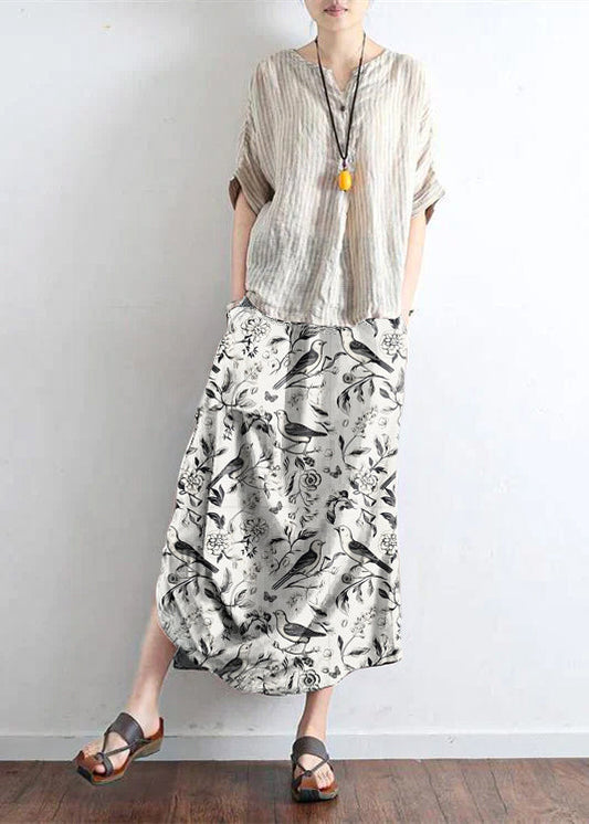 White Flowers and Birds Oversized Linen Skirts Asymmetrical Design Elastic Waist Long Skirt
