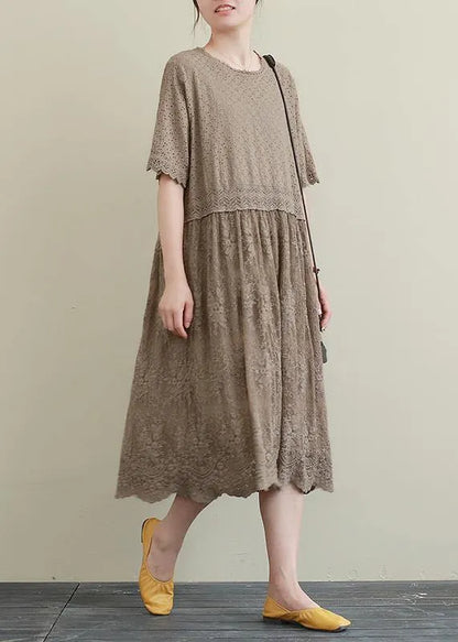 Chocolate Embroidery Cotton Tunics Patchwork Hollow Out Maxi Dress
