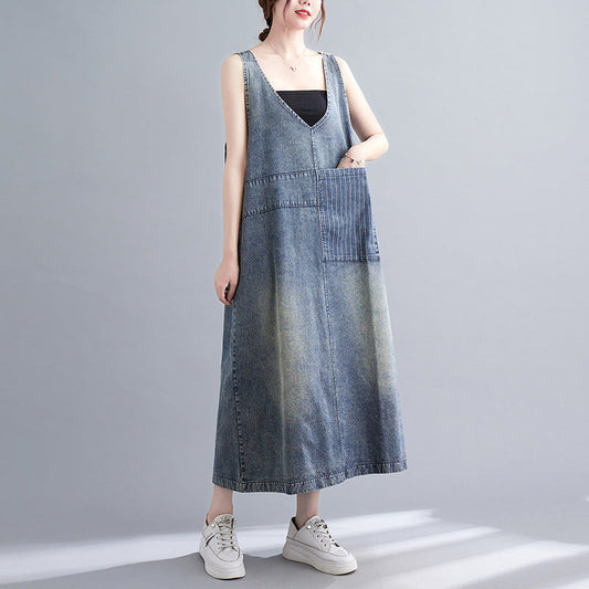 Literary Washed V-neck Sleeveless Denim Dress