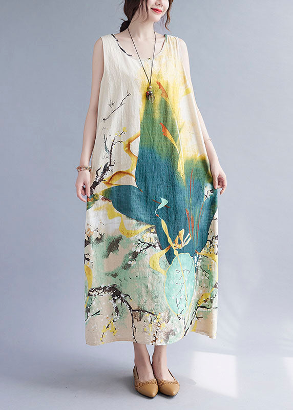 Beige Print O-neck Linen Vacation Dresses Summer