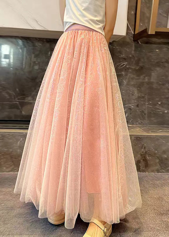 New Apricot Wrinkled Print High Waist Tulle Skirts Summer