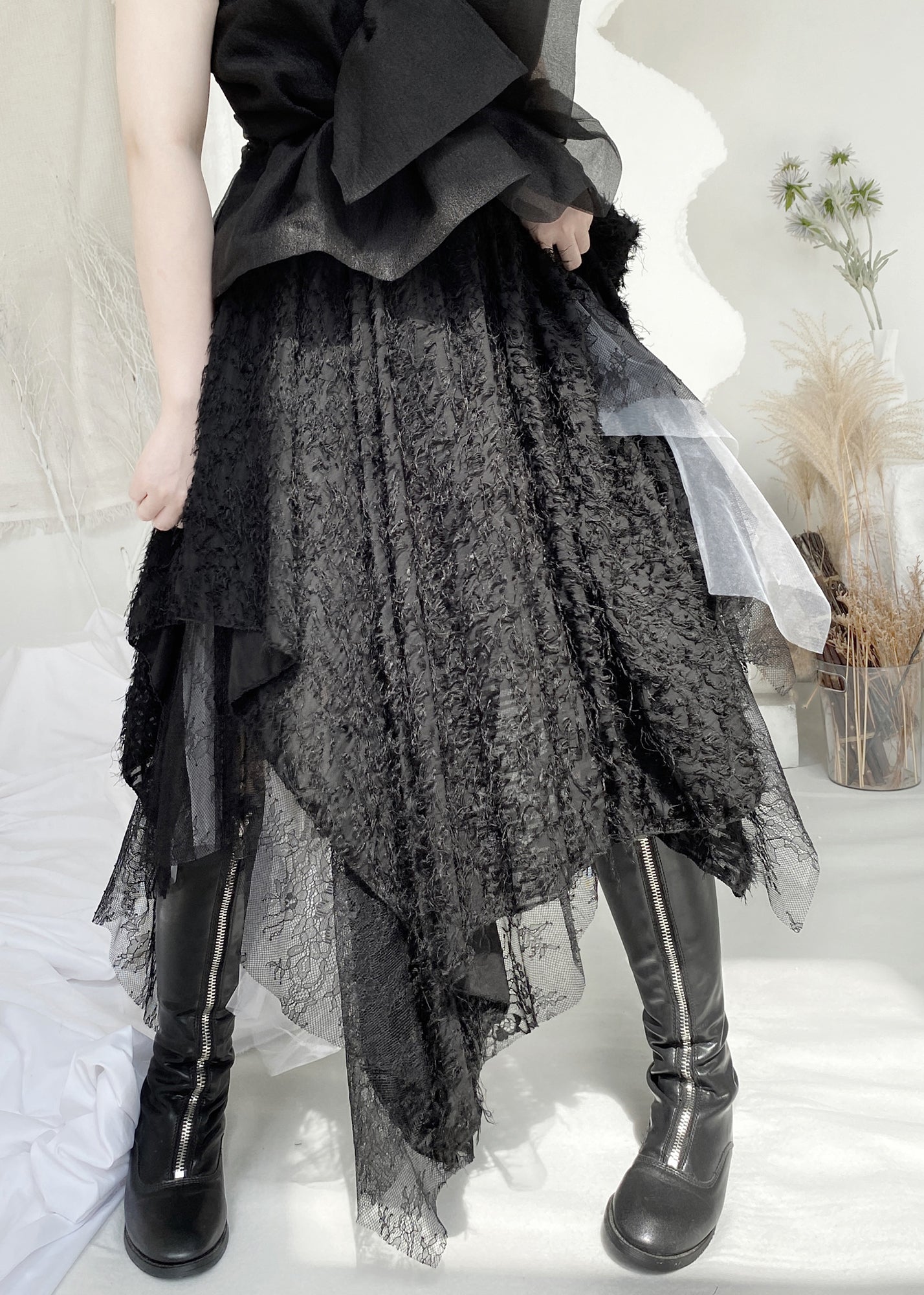 Black Elastic Waist Lace Patchwork Tulle Maxi Skirt Fall