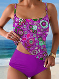 Women's Floral Print Summer Beach Halter Top And Solid Color Triangle Briefs Tankini Set