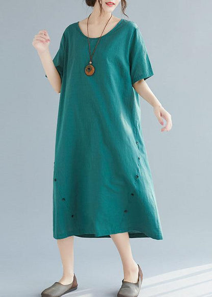 Green Button Decorated Linen Dresses Wild Summer Dresses