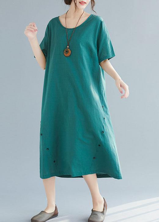 Green Button Decorated Linen Dresses Wild Summer Dresses