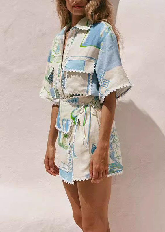 Beige Peter Pan Collar Tie Waist Shirts and Skirts Two Pieces Set Short Sleeve