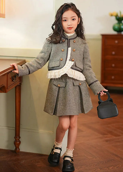 Grey Ruffled Patchwork Button Thick Kids Coat and Skirts Two Piece Set Spring