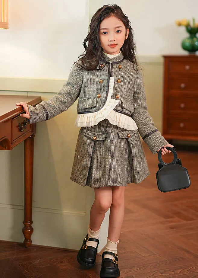 Grey Ruffled Patchwork Button Thick Kids Coat and Skirts Two Piece Set Spring