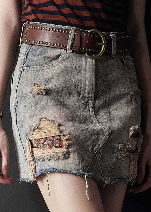 Grey High Waist Tassel Pockets Cotton Denim Ripped Skirts Summer
