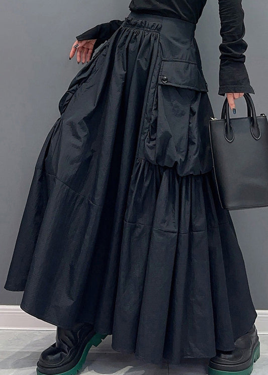 Modern Black Pockets Wrinkled Patchwork Cotton Skirts