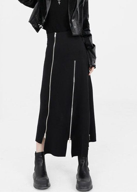 Black Asymmetrical Zippered Cotton Skirts Summer