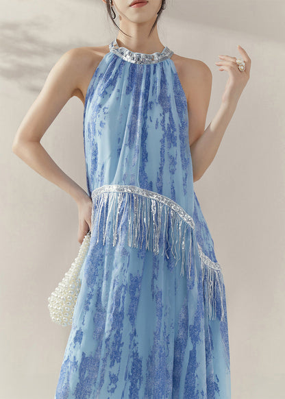 Chinese Style Blue Cold Shoulder Wrinkled Long Dresses Summer