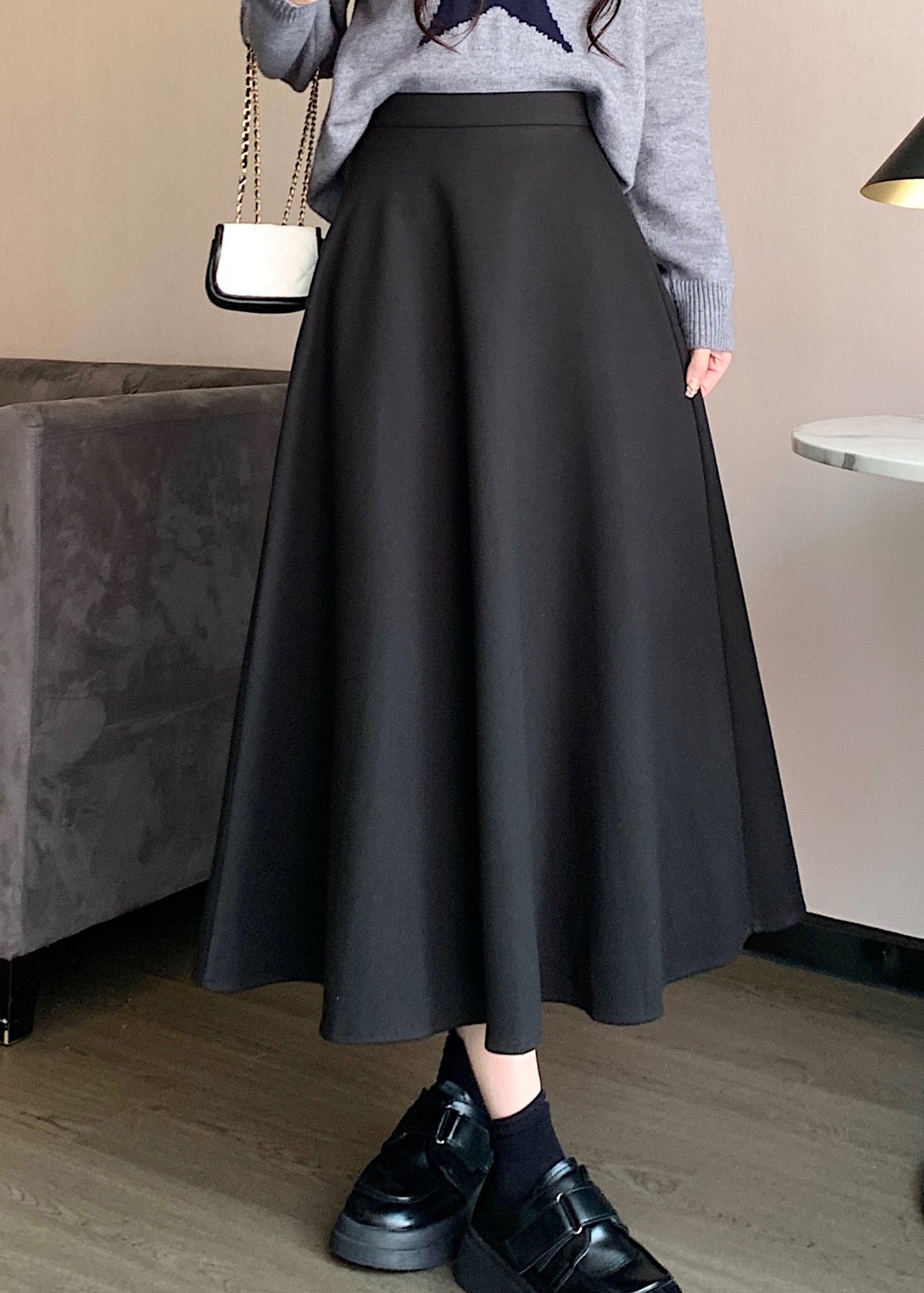 Simple Black Wrinkled High Waist Skirts Spring