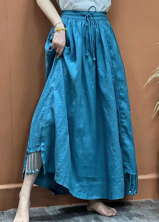 Blue Elastic Waist Drawstring Tassel Pockets Linen Skirts Spring