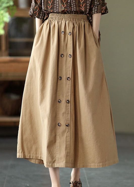 Natural Khaki Double Breast Cotton a Line Skirts Spring