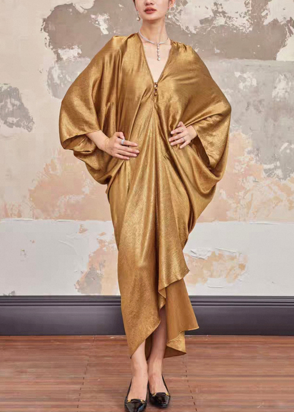 Gold V Neck Silk Long Dresses Batwing Sleeve