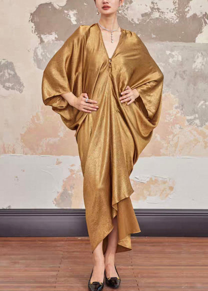Gold V Neck Silk Long Dresses Batwing Sleeve