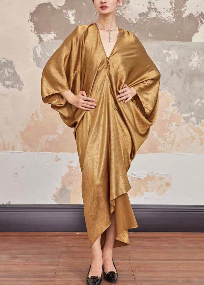 Gold V Neck Silk Long Dresses Batwing Sleeve