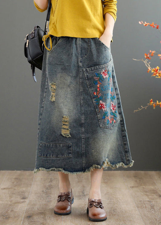 Blue Embroideried Patchwork Patchwork a Line Skirt Summer