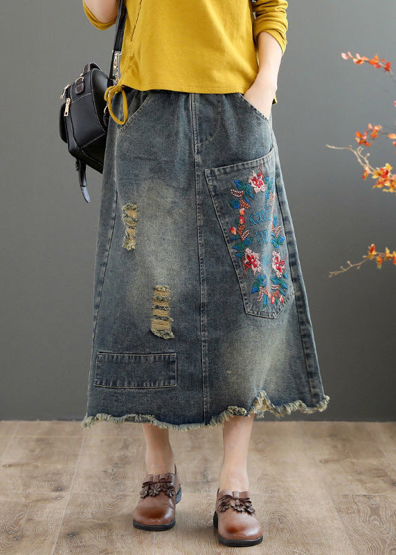 Blue Embroideried Patchwork Patchwork a Line Skirt Summer