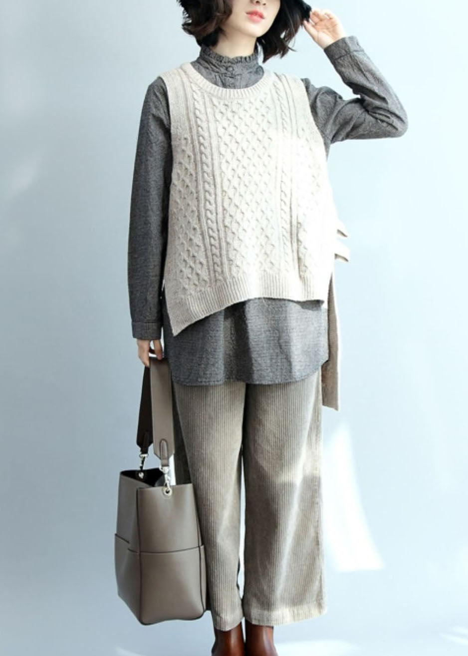 Beige O-neck Low High Design Warm Knit Vest Winter