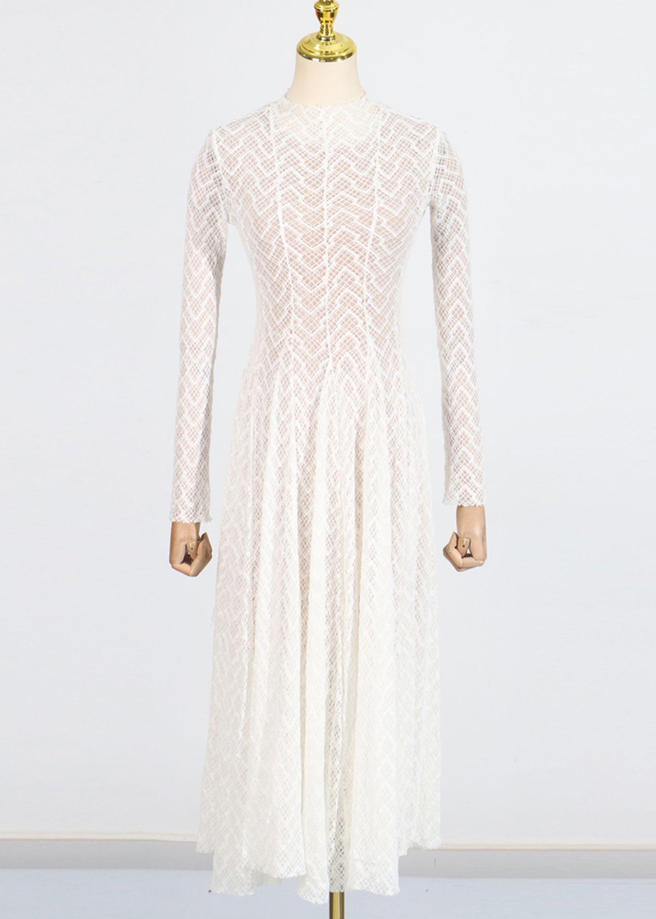 Classy White Stand Collar Wrinkled Lace Long Dresses Fall