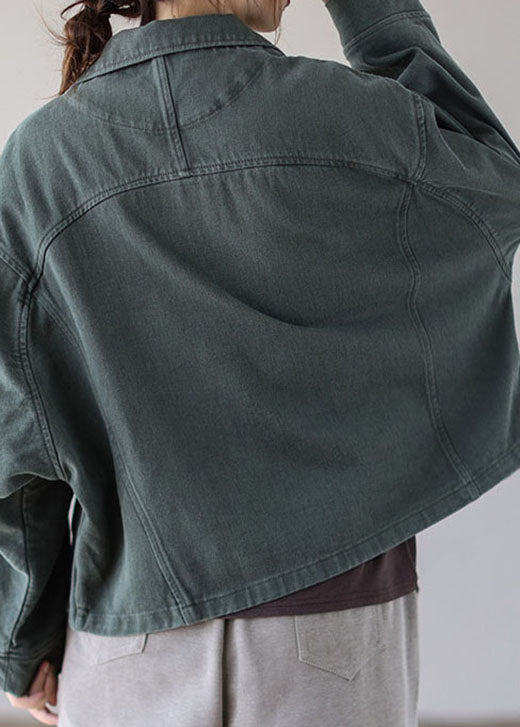 Green Button Patchwork Pockets Fall Denim Coat