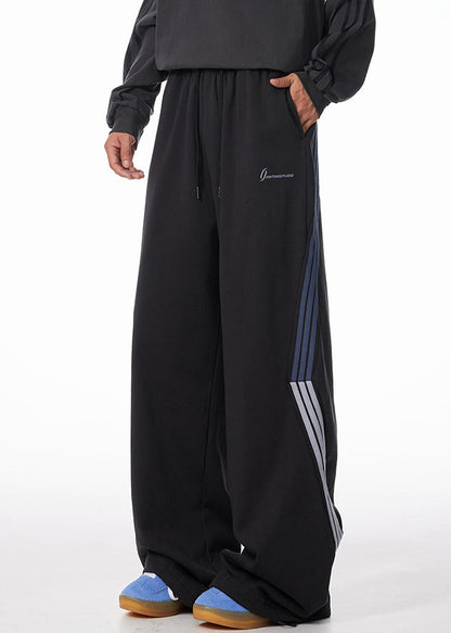 Striped Black Pockets Warm Fleece Pants Elastic Waist Spring
