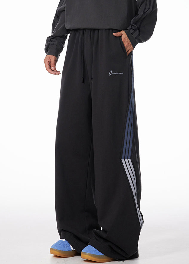 Striped Black Pockets Warm Fleece Pants Elastic Waist Spring