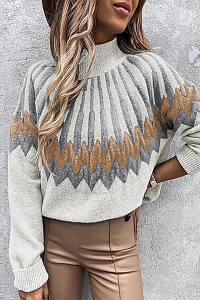 Geometric Patchwork Contrast Turtleneck Tops(4 Colors)