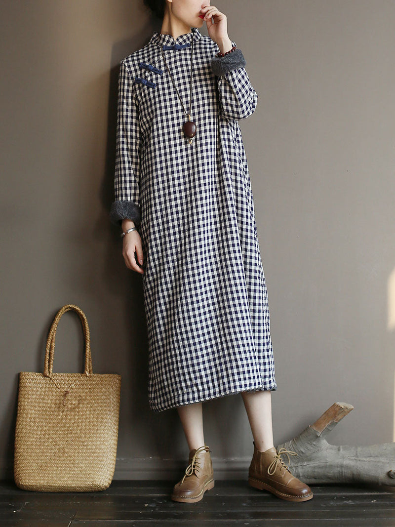 Chinese Style Winter Frog Thick Plaid Robe Dress