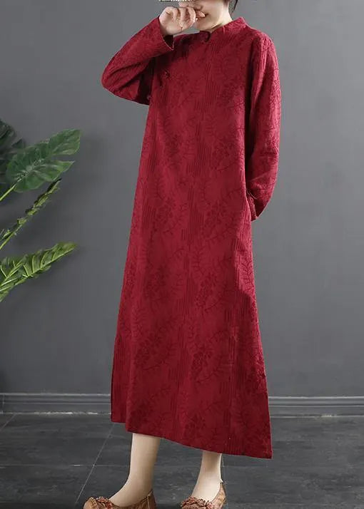 Classy Red Jacquar Dresses Stand Collar a Line Dress