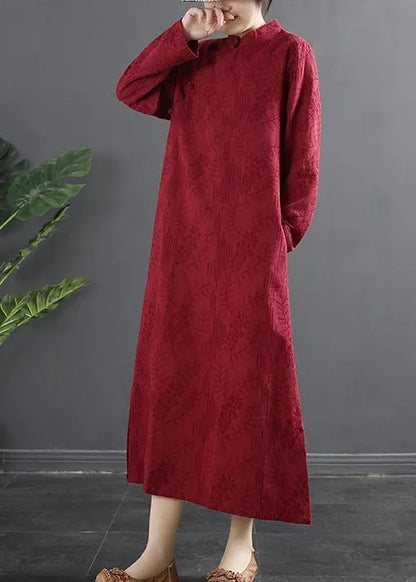 Classy Red Jacquar Dresses Stand Collar a Line Dress
