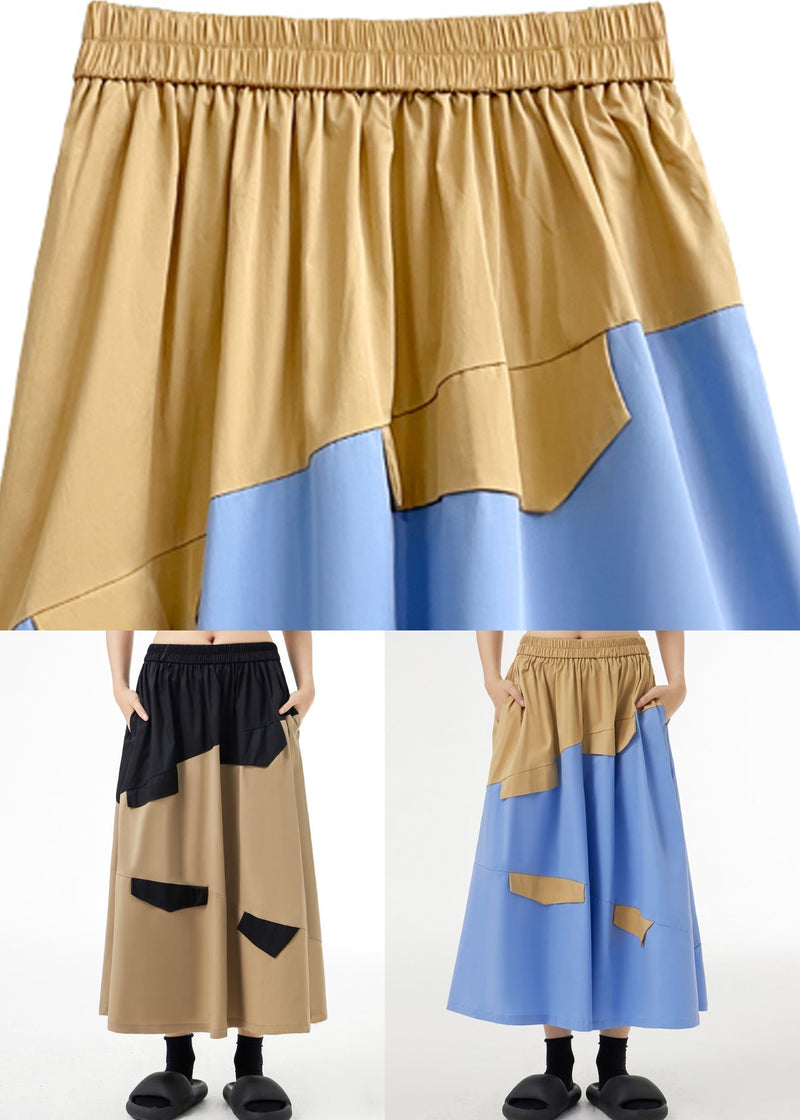 Style Khaki Wrinkled Pockets Patchwork Cotton a Line Skirts Fall