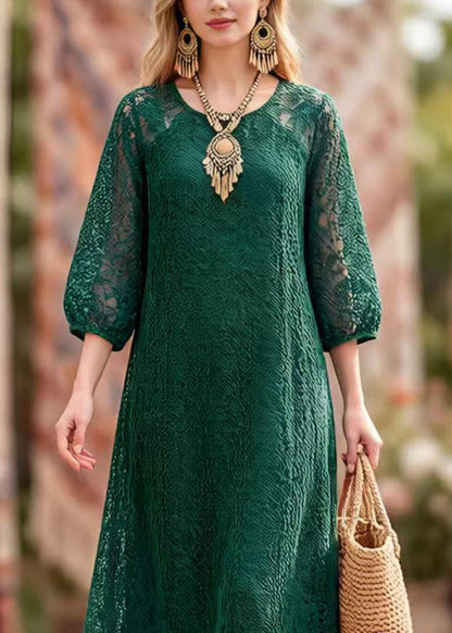 Blackish Green O Neck Hollow Out Lace Dresses Summer