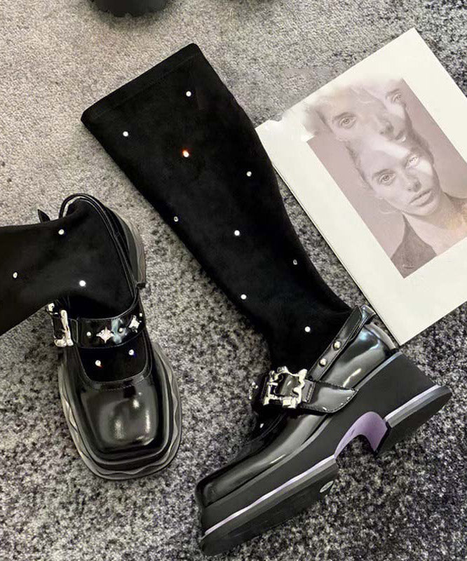 Black Platform Knit Fabric Splicing Diamond Knee Boots