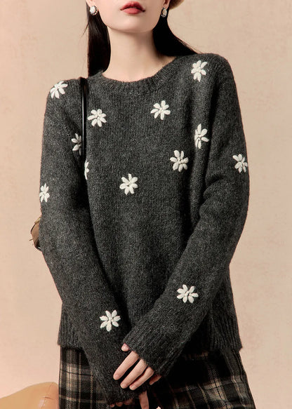 Grey O Neck Cozy Thick Cotton Knit Sweater Winter