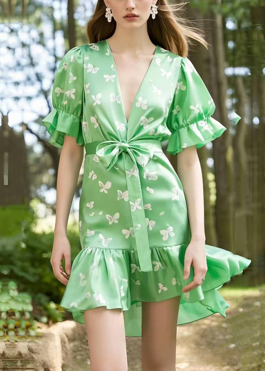 Light Green Puff Sleeve Butterfly Silk Day Dress