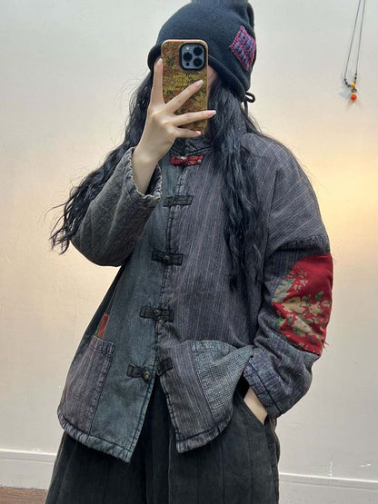 Irregular Print Chinese Style Cotton Coat