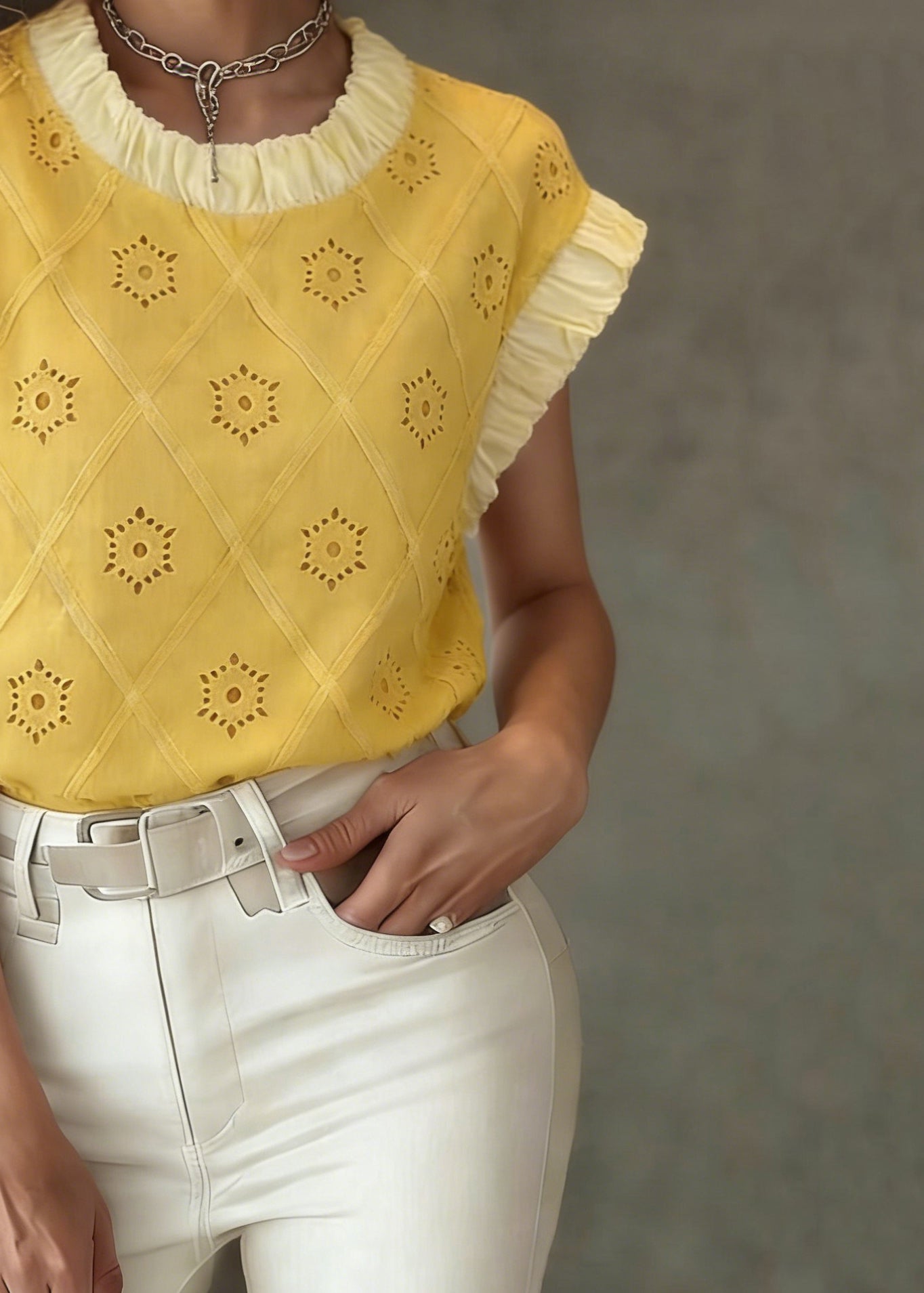 Yellow Patchwork Hollow Out T Shirt Summer