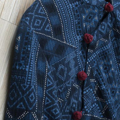 Blue Loose Button Linen Print Dress
