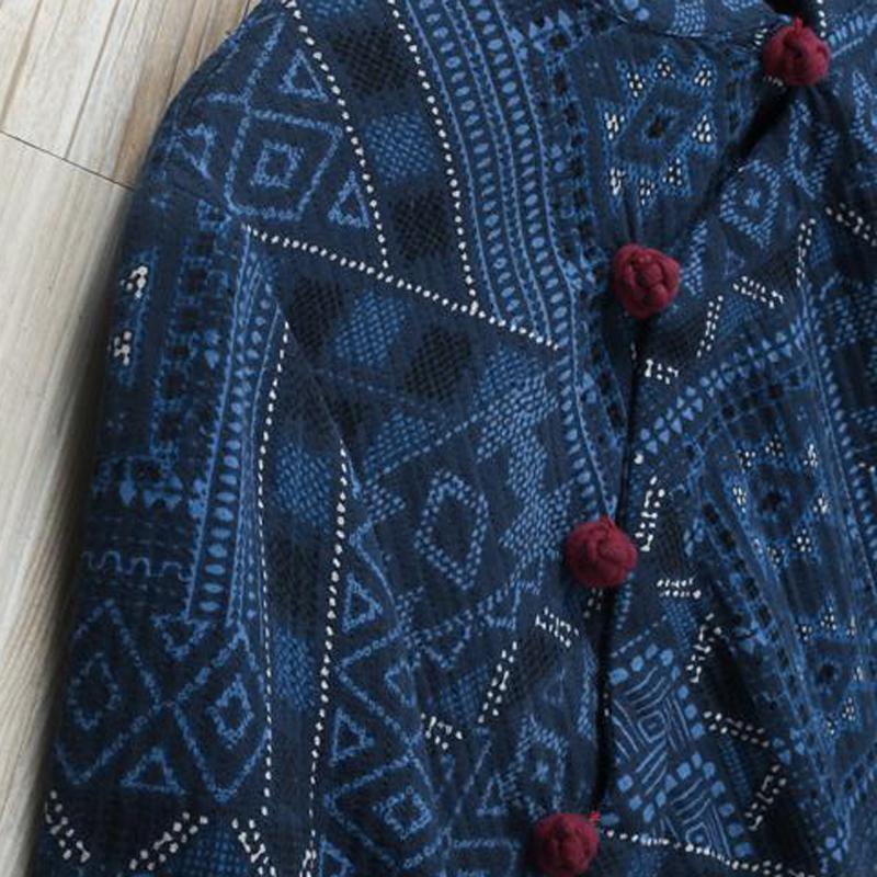 Blue Loose Button Linen Print Dress
