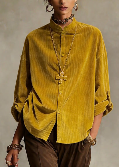 Simple Yellow Stand Collar Button Shirts Spring