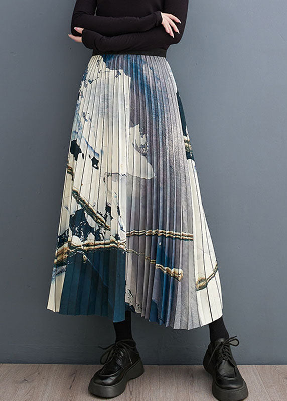 Print Patchwork Elastic Waist a Line Skirt Fall