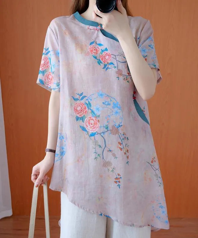 Modern Light Pink Print Top Stand Collar Asymmetric Art Tops