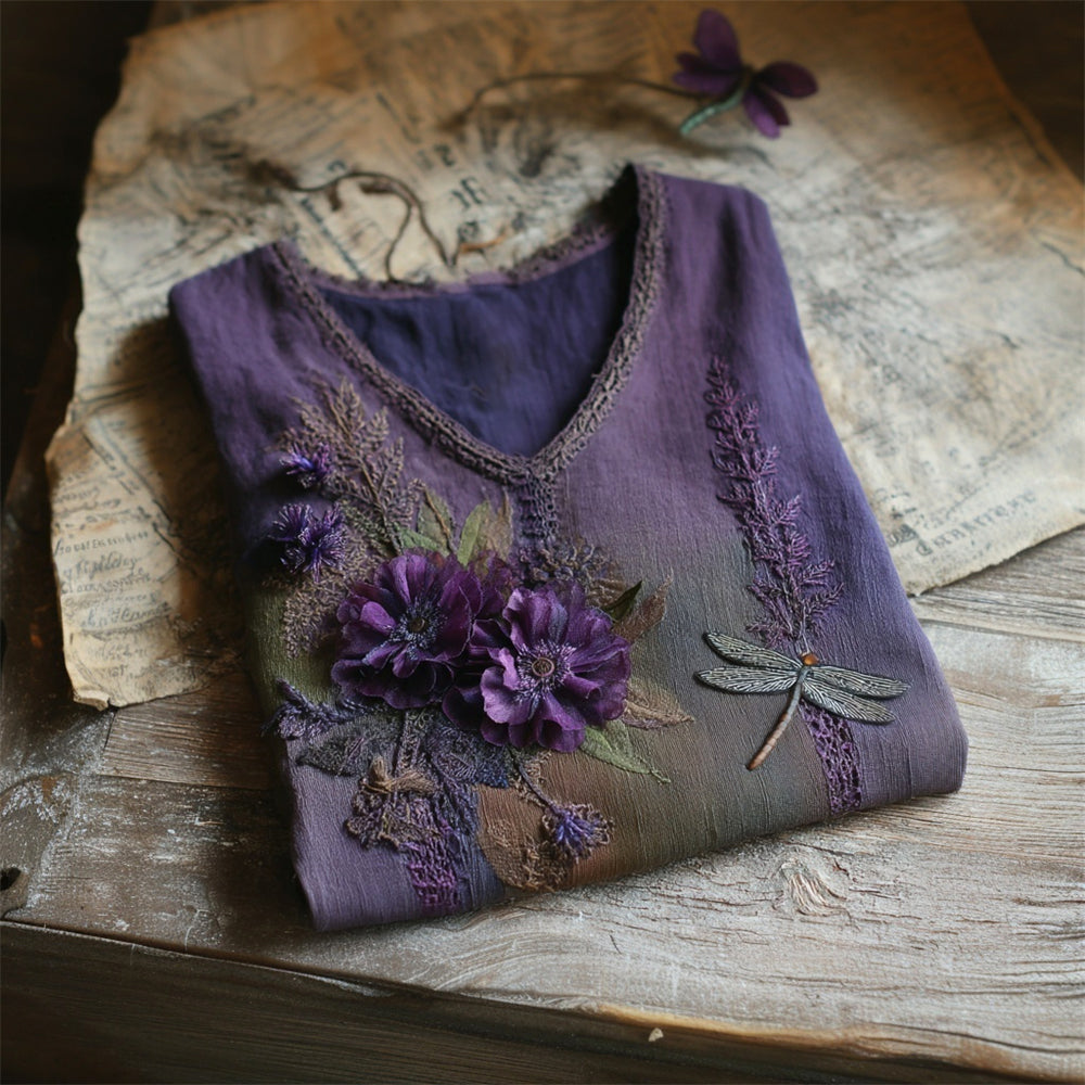 Vintage Boho Dragonfly Floral Embroidery Women's V-neck Linen T-shirt elevenforest