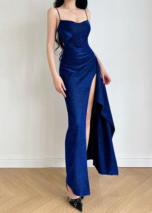 Slim Fit Blue Front Open Spaghetti Strap Dress Sleeveless