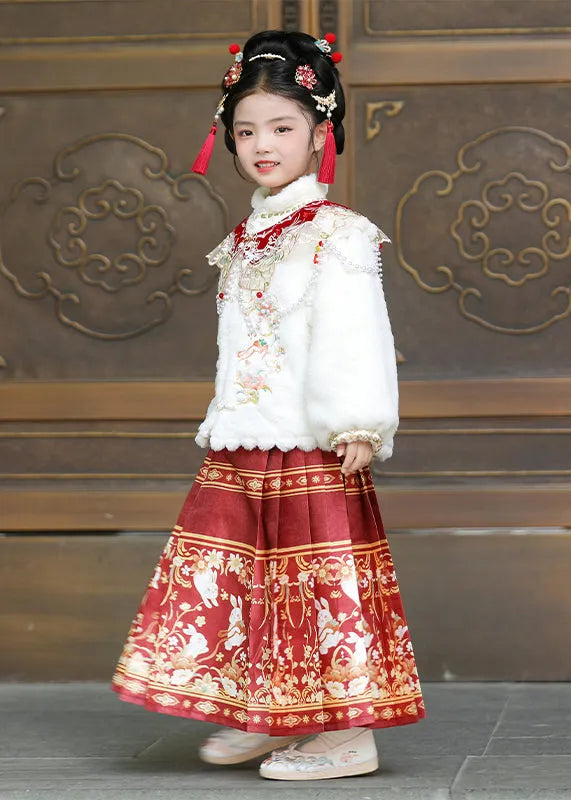 New White Nail Bead Coats and Maxi Skirts Two Pieces Set Winter