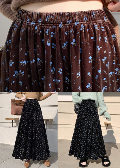 Blue Print Elastic Waist Velvet Winter Skirts Wrinkled